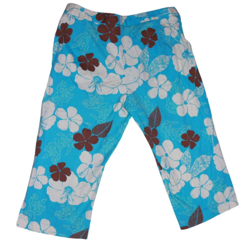 Blue Cotton Floral Capri Pants Low Rise Beach Y2K Summer